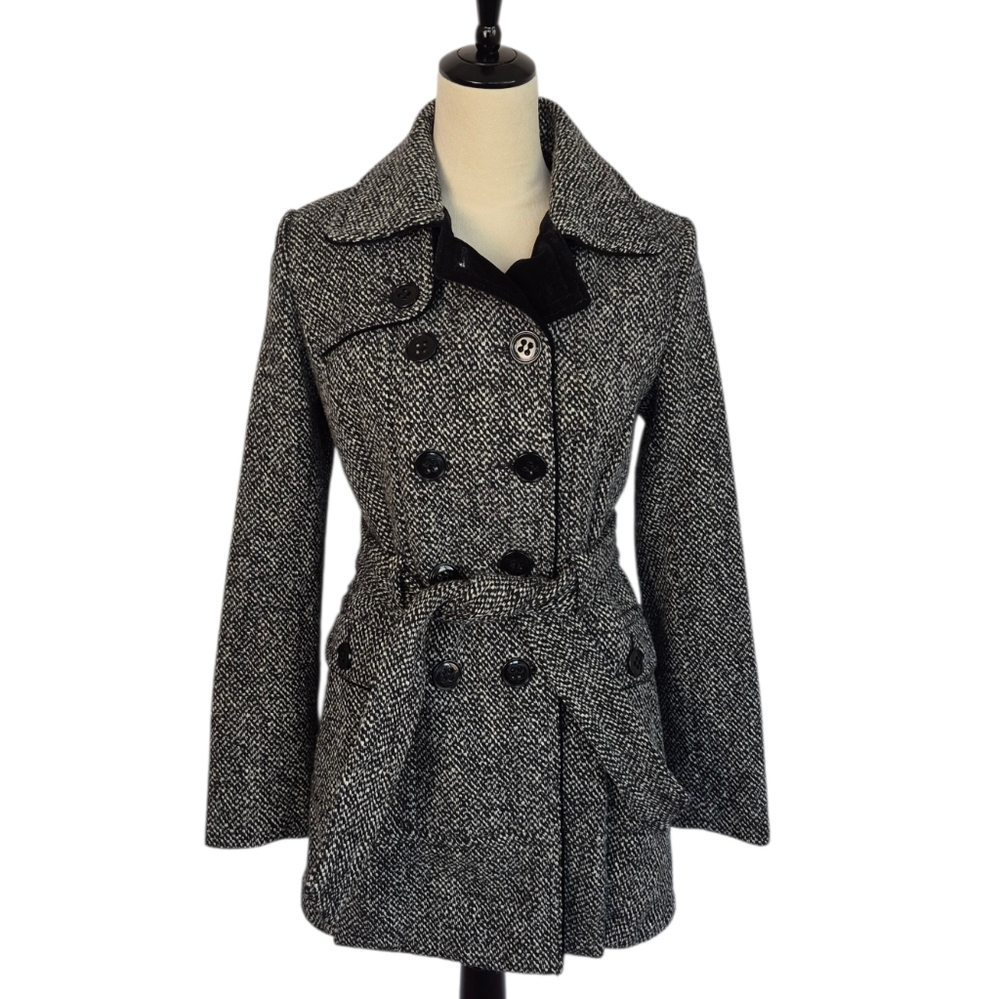 Laundry By Design Wool Blend Tweed Belted Pea Coat Lined Sz 2 Academia